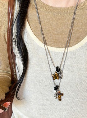 虎眼石十字架爱心花朵项链女高级感小众长款毛衣链美拉德气质配饰