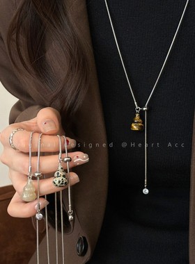 虎眼石葫芦吊坠抽拉项链女秋冬长款设计钛钢毛衣链小众设计配饰品