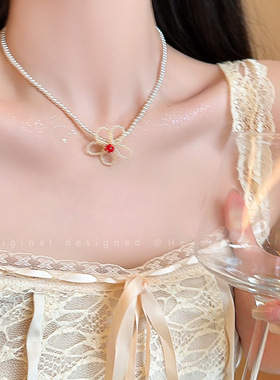 紫色花朵小珍珠串珠项链女甜美可爱锁骨链夏度假风搭裙子颈链配饰