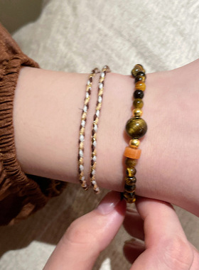 天然石虎眼石串珠编织绳手链女新中式叠戴手串小众复古情侣手饰品