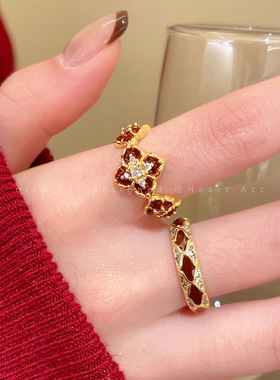 红色珐琅开口戒指女轻奢高级感小众精致食指戒超好看独特漂亮指环