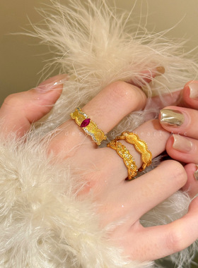 vintage 中古风金色镂空蕾丝戒指女轻奢宫廷风开口叠戴指环食指戒