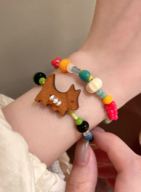 手作款~童趣可爱木质小狗串珠手链女款彩色百搭精致闺蜜手串手饰