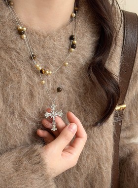 虎眼石珍珠双层叠戴西太后项链女秋冬美拉德高级感气质毛衣链配饰