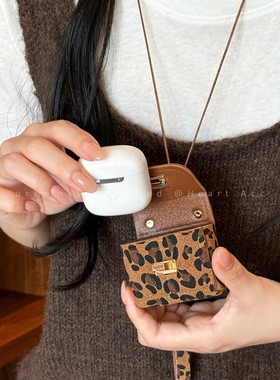 美拉德咖色豹纹毛绒耳机包包项链女气质时髦挂脖秋冬毛衣链配饰品