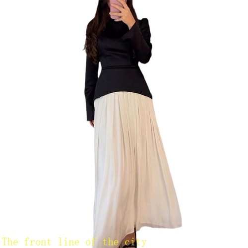 Fashionable top hip wrap skirt set2024时尚撞色拼接绑带修身连-图3