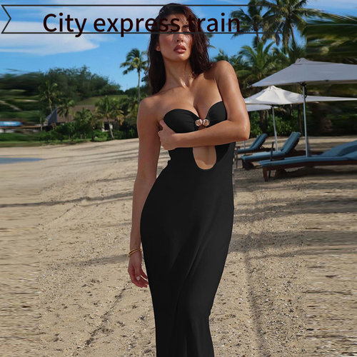 Strapless slim fit sexy slit dress for women热销性感拼接钩扣 - 图0