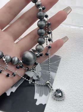 2026银灰色珠子蝴蝶爱心多层叠戴串珠气质复古高级感项链女辣妹锁