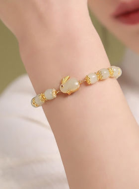 朵芙曼（Dosim）兔年本命年手链女银和田玉平安扣生肖手串玉兔首