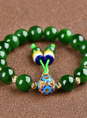 可玉可求新年礼物和田玉手链女款碧玉菠菜绿玉珠手链玉石手串约9