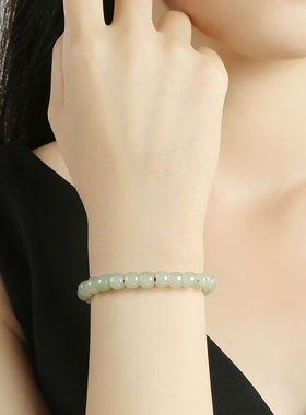 凤禧珠宝和田玉手链晴水绿玉石手串女老型珠7mm生日新年礼物