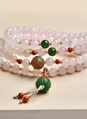 可玉可求新年礼物和田玉手链女藕粉色108颗手串莲花多层多圈圆珠