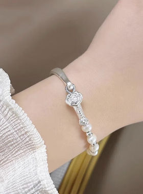 BOLYPLACE如意铃兰花珍珠半镯半链银手链女2023年新款小桃花首饰