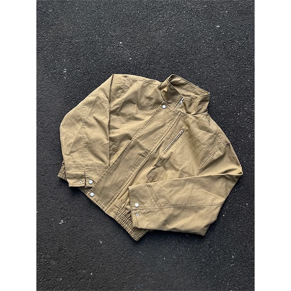 巴恩风卡其色短宽飞行夹克男春秋美式bomber廓形立领做旧工装外套 - 图3