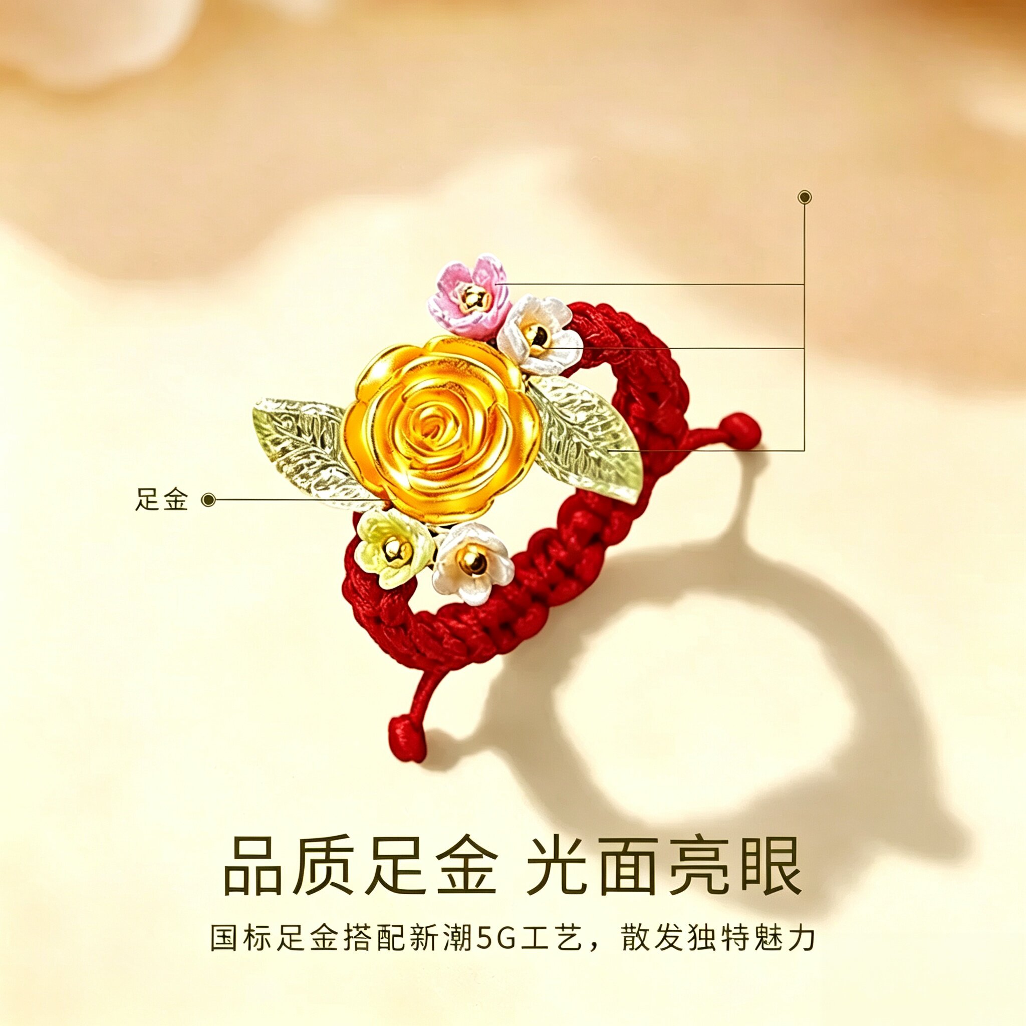 Pure Gold Rose Ring Red Women's Handmade Pearl Ring