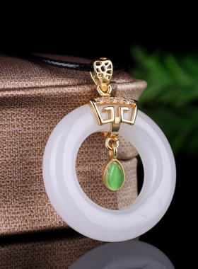 新疆和田白玉平安扣金丝玉银镶嵌平安玉环镶碧玉小水滴吊坠毛衣链