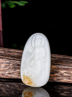玉石匠新疆和田白玉观音吊坠玉牌 带皮籽料观音男款挂件玉佩项坠