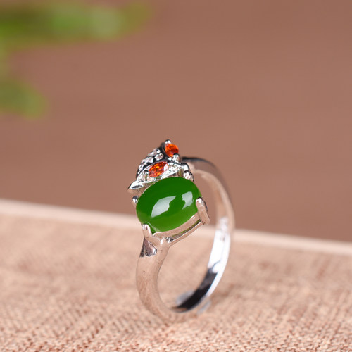 新疆和田玉碧玉狐狸头纯银可调节戒指 时尚女款简约活扣指环手饰 - 图2