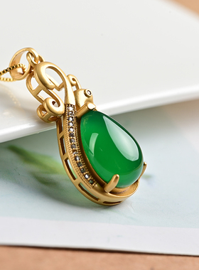 玉石匠巴西祖母绿玉髓凤凰项链 925银镶嵌翡翠色女款水滴吊坠