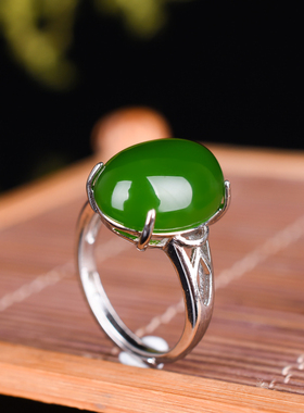 新疆和田碧玉戒指女款活扣戒子网红款925银镶嵌老坑碧玉指环首饰