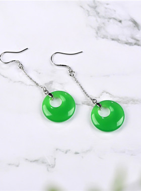 玉石匠巴山翡翠色偏心扣耳环 网红款平安扣耳线 女款阳绿色耳坠