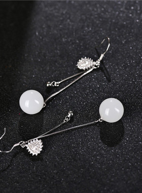 新疆和田白玉圆珠耳坠时尚长流苏纯银镶嵌耳线百搭款羊脂玉耳饰品