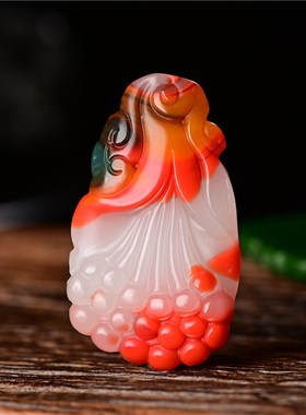 和田白玉福寿如意五彩玉花开富贵 鸡血石挂件 黄玉红白玉玉兰花朵