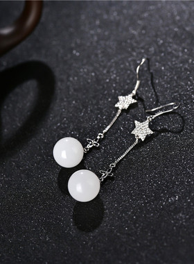 玉石匠和田白玉韩版圆珠耳线五星流苏长款纯银耳坠时尚网红耳饰品