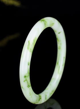 新疆和田玉白绿青花玉镯子女款细圆条金丝玉戈壁玉绿飘花旺夫手镯