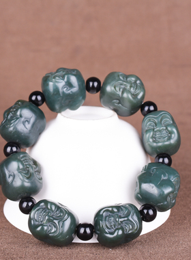 玉石匠新疆和田玉男款佛头手链男士霸气时尚青玉双面雕工笑佛手串