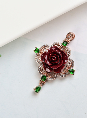 朱砂玫瑰花吊坠 紫金砂花开富贵项链 时尚锆石银镶嵌帝王砂首饰