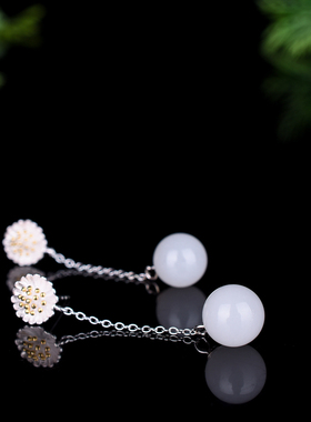 新疆和田玉耳环金丝玉兰花耳线925银配饰玉石耳坠镶嵌耳饰品耳钉