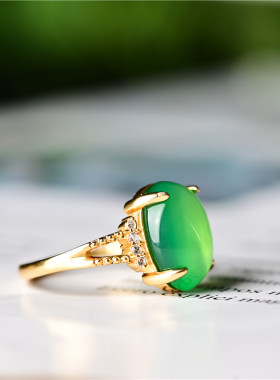 玉石匠绿玉髓蛋面戒指 翡翠色阳绿日韩款指环 祖母绿色女款手饰