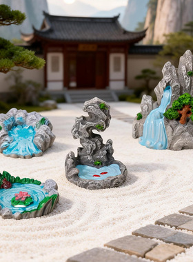 微缩中式禅意仙鹤假山瀑布池塘桥亭子盆景多肉园艺造景装饰小摆件