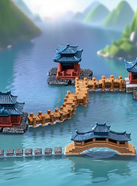 中式造景古建筑亭台楼阁流水假山造景摆件水陆鱼缸盆景植物微景观