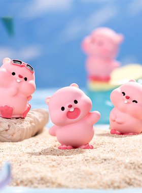 微景观卡通创意粉红小海狸公仔手办树脂工艺品车载桌面潮玩小摆件