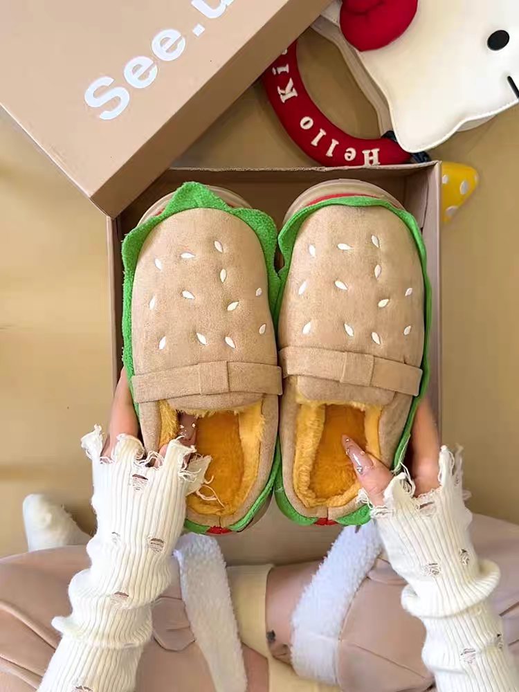 网红汉堡拖鞋女冬季保暖家居家用防滑情侣加绒厚底博肯棉拖鞋外穿,淘宝优惠券,粉丝福利购,淘宝优惠卷