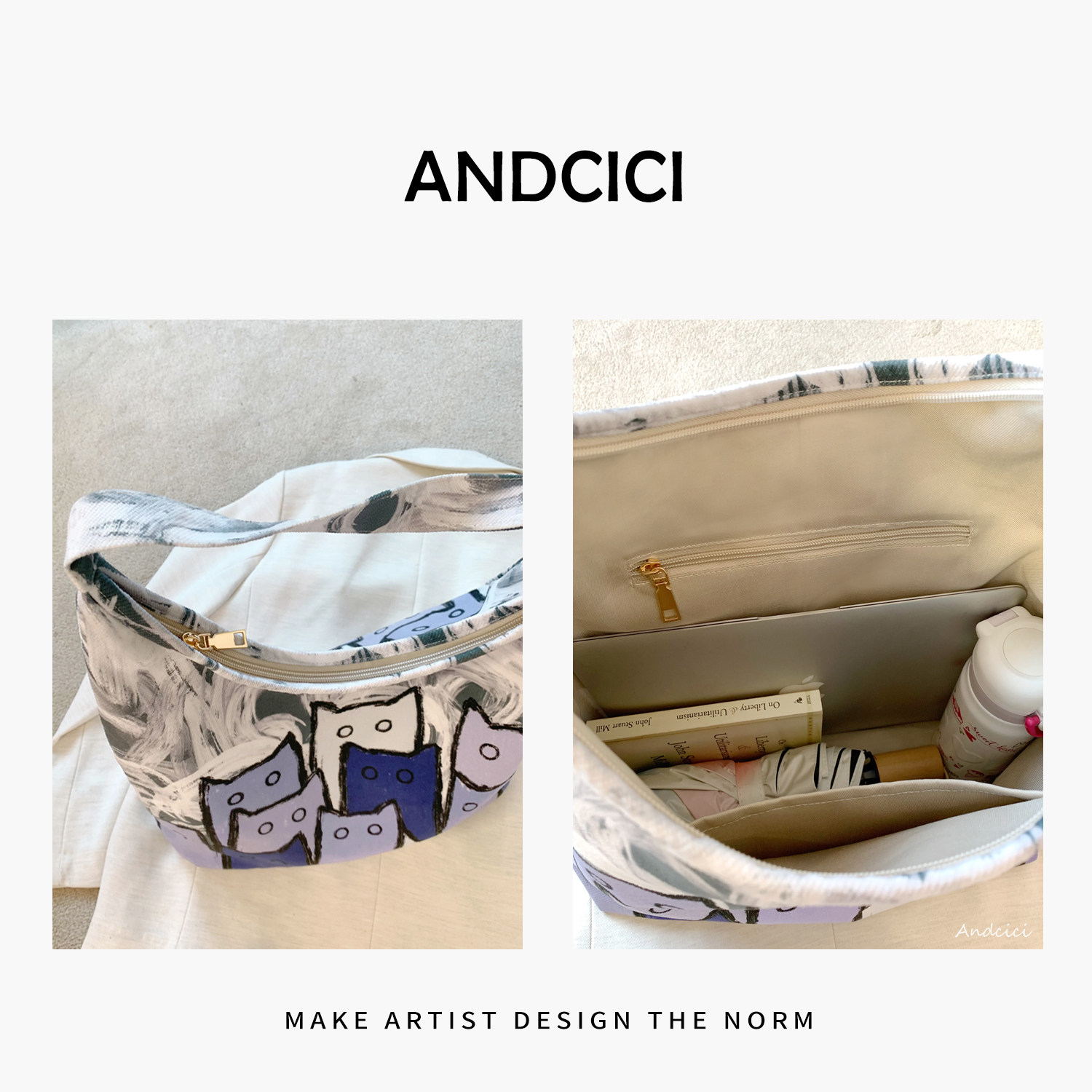 ANDCICI@布鲁猫 设计师拉链新月斜挎包腋下包单肩手提帆布托特包,淘宝优惠券,粉丝福利购,淘宝优惠卷