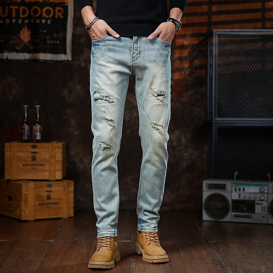 Hong Kong high-end retro men's jeans, men's trendy brand, ripped, handsome, American style, new slim fit, high quality