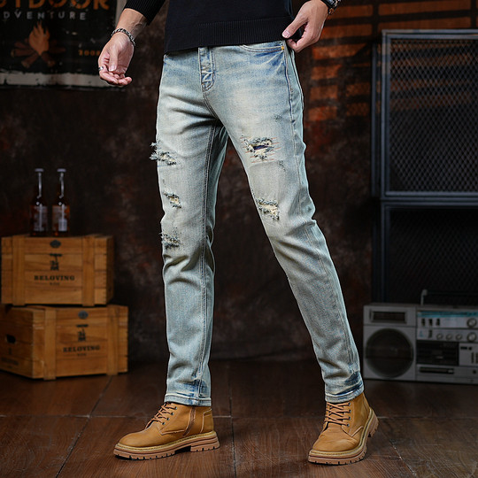 Hong Kong high-end retro men's jeans, men's trendy brand, ripped, handsome, American style, new slim fit, high quality