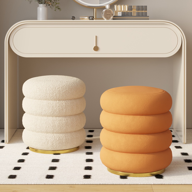 北欧化妆凳家用梳妆台凳子网红奶油风现代客厅轻奢简约美甲矮圆凳 - 图1
