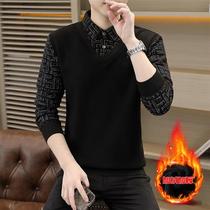 O Xuan Baron Integrated Fluff Clothing Mens Fake Two Plus Suede Thickened Needle Weaters Mens Autumn Winter Sets Hooded Sweatshirt Man