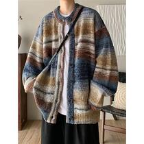 POUM mens clothing joint sweater mens 2023 fall new retro-knitted sweatshirt jacket male gradient collision color loose