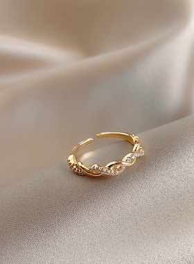 编织麻花开口戒指女ins气质网红指环闪钻尾戒食指戒花藤双环戒指