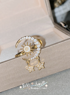 SIsi几何小众闪钻星月开口戒指 镀金冷淡风气质网红时尚月光指环
