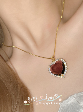 Sisi璀璨发光少女粉桃心宝石吊坠镀18K 彩宝海洋之心超大爱心项链