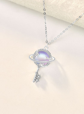 原创s925纯银极光星球之钥项链女韩国简约个性钥匙月光石吊坠