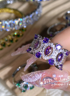 Sisi满天星粗环钻戒指 镀18K金公主戒 长方群镶蓝刚玉祖母绿冰糖