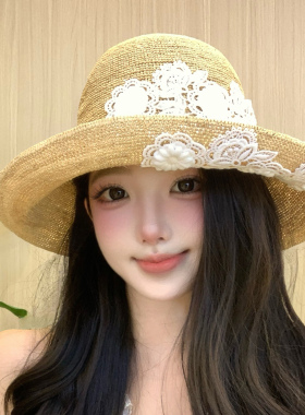 夏季拉菲草帽女时尚花朵素颜遮脸遮阳帽可折叠太阳帽出游沙滩帽
