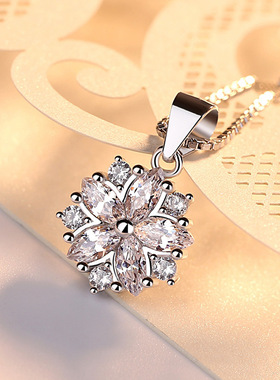 925银粉色小樱花项链日韩简约百搭吊坠小众 个性女锁骨链生日礼物